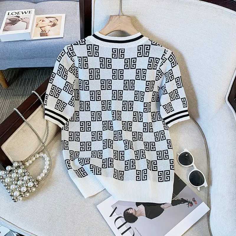 Spring Summer Fashion Geometric O-neck Short Sleeve Pullovers Ladies Temperament Vintage Knitting Printing Loose Women Top TeeT260312