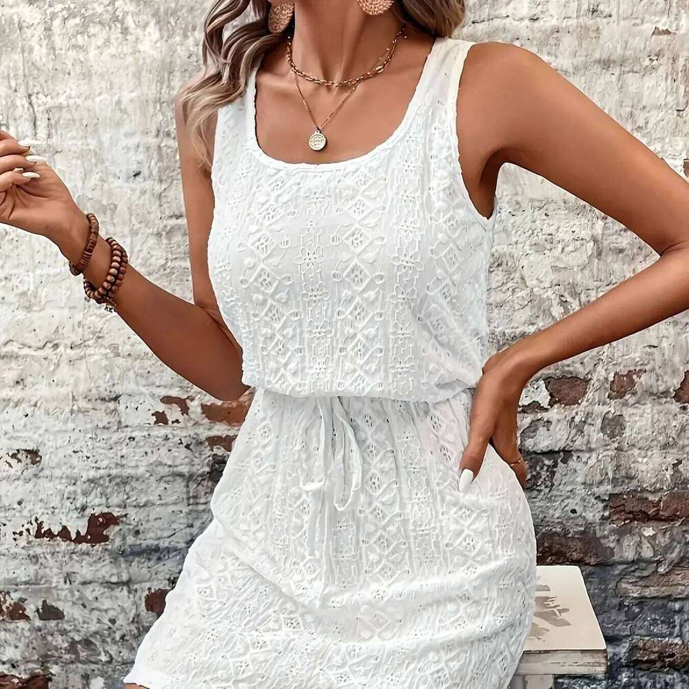 Plus Size Women's White Lace Sleeveless Drawstring Waist Mini Dress - Boho Casual Daily/Beach Style 0XL-4XL C260311