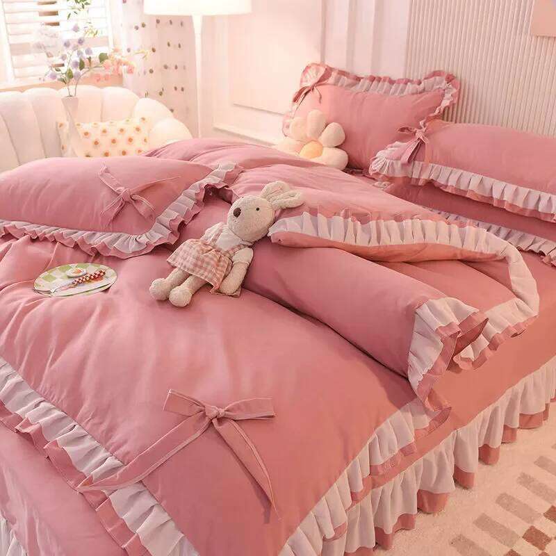 Girls Bedding Sets Kawaii Seersucker Bed Sheet Pillowcase Fashion Princess Duvet Cover Solid Color 4 Pieces Cute Home Decoration H260312