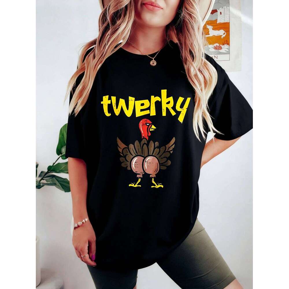 Womens Funny Twerky Turkey Graphic Oversized Cotton Short Sleeve T Shirt Women Casual Everyday Tshirt Gift for Her Z260312