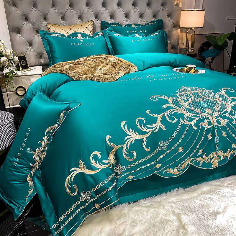 4pcs Gray Sateen Gold Embroidery Satin Cotton Bedding Set Double Queen King Comforter Cover Bed Sheet Pillowcases 48x74cm H260312