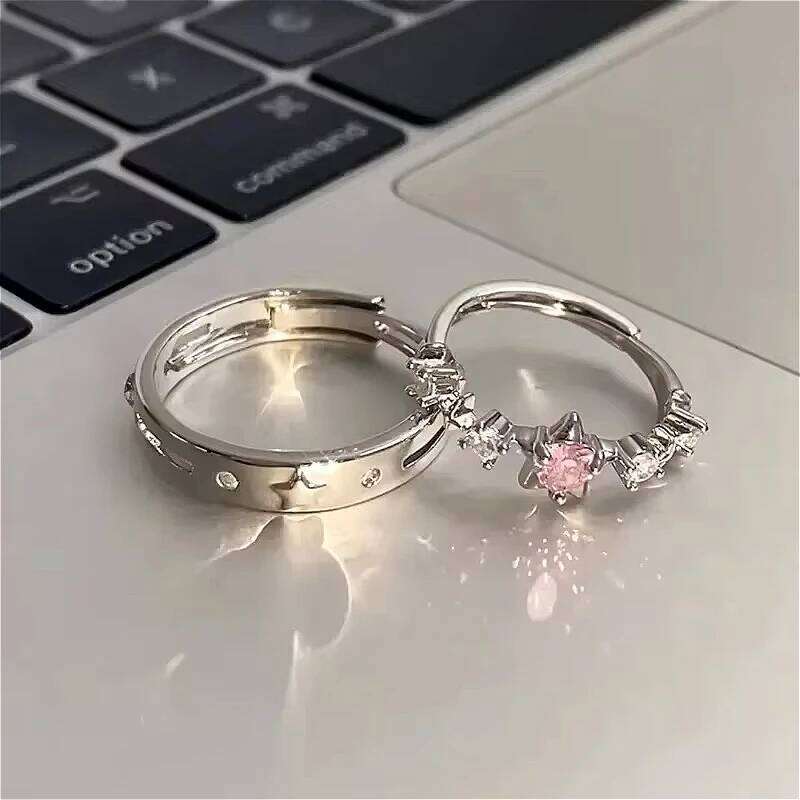 Luxury Pink Rhinestone Star for Women Men Y2k Adjustable Couple Rings Engagement Wedding Jewelry Fashion Girlfriend Gifts W260311