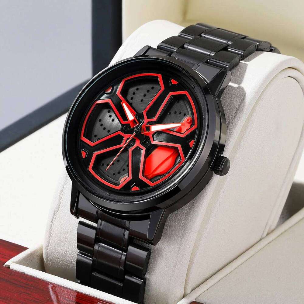 Original Wheel Rotating Watches Black Fashion Stainless Steel Strap Sports Man Clock 3Bar Quartz Movement Top Watch for Men
