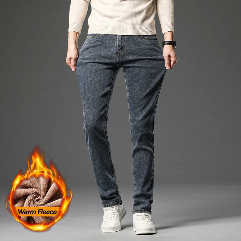 Winter Thickened Fleece Jeans Mens High Quality Slim Straight Elastic Casual Denim Pants Warm Plush Velvet Fashion Trousers 260228