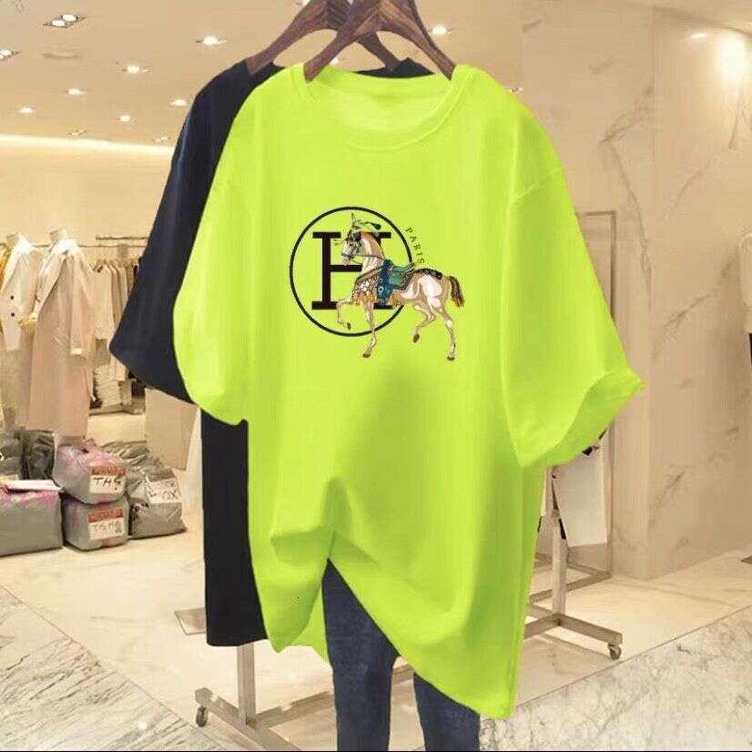 Horse-Patterned Dragon Fruit Red Women's T-Shirt New Model, Pure Cotton, Loose-Fitting, Mid-Length Short-Sleeve T-Shirt Asia Size