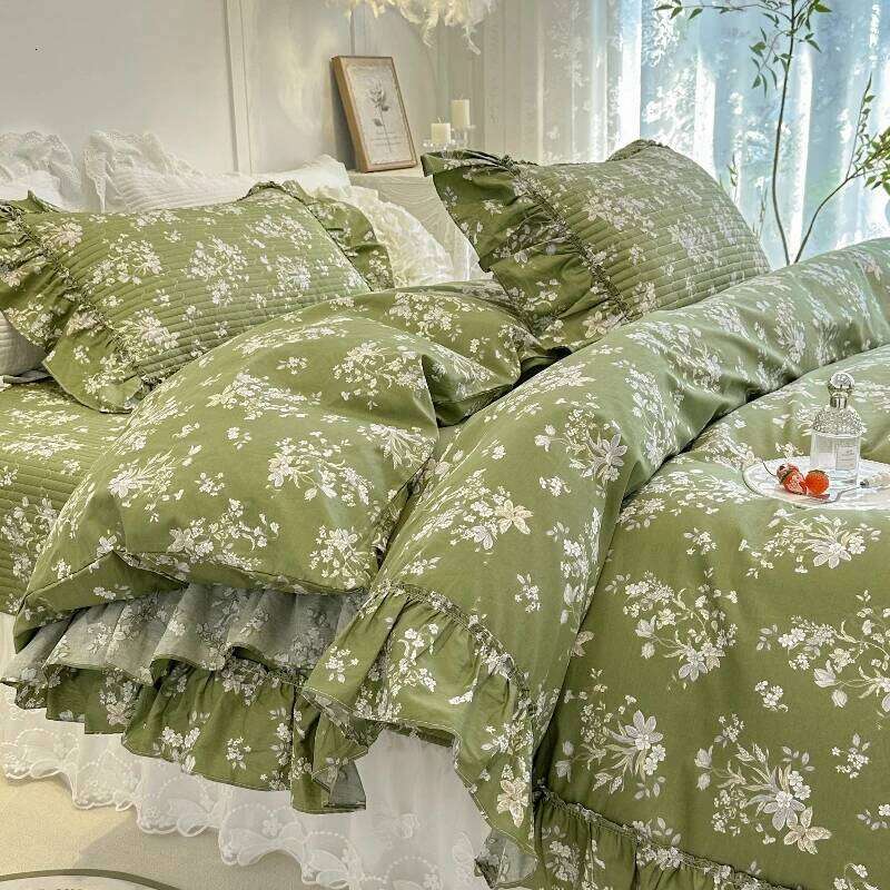 AI WINSURE-Romantic Cotton Duvet Cover Set, Double Bed, Lace Ruffle Bedspread, with 2 Pillowcases, Printed 4-Piece Set H260312