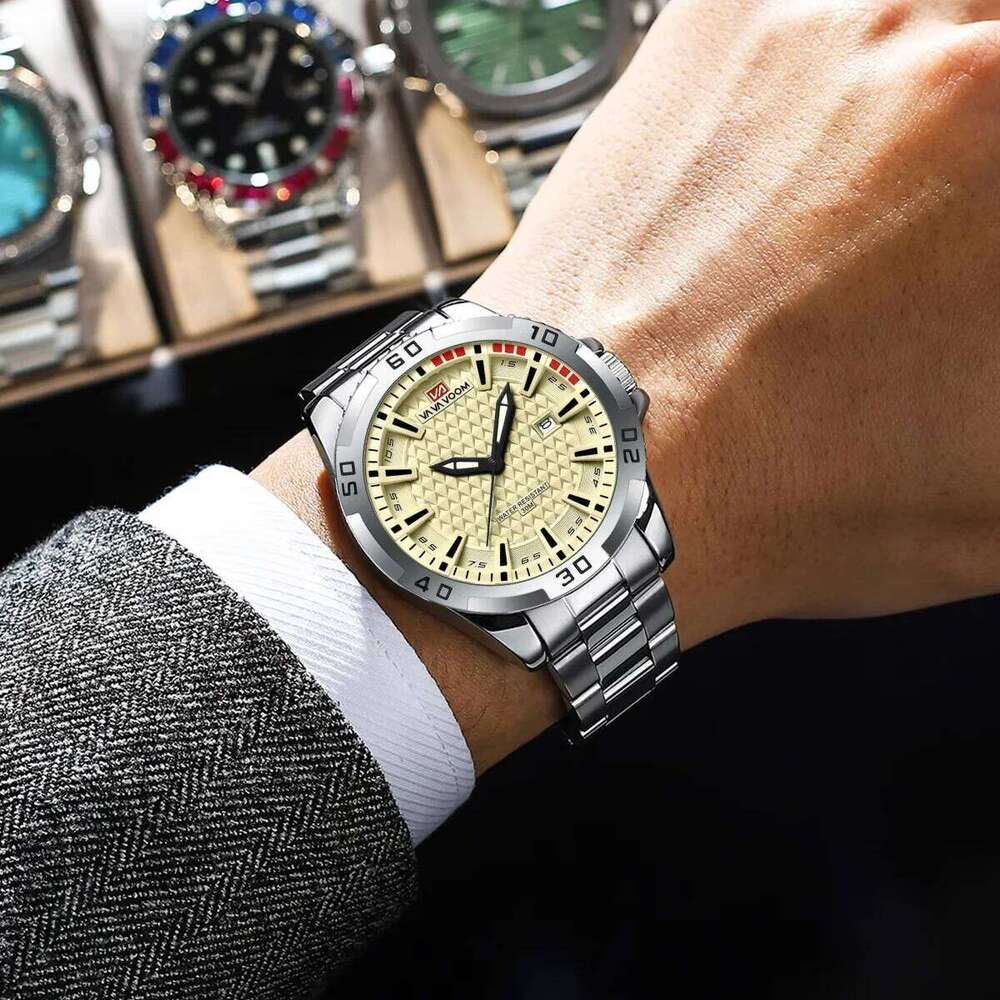 Stainless Steel Quartz Watch Business Fashion 45mm Calendar Clock Silver Sports 3Bar Waterproof Gift Wristatch for Men Reloj