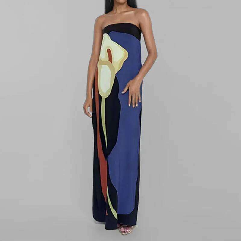 2024 Summer Strapless Backless Flower Printed Long Dress Women Sleeveless Off Shoulder Vestidos Plus Size S-3XL Streetwear C260312