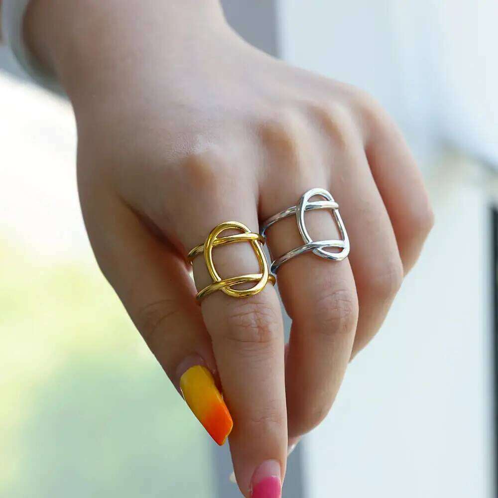 Geometric Double Layer Opening Rings for Women Gold Color Stainless Steel Wedding Adjustable Finger Ring Waterproof Jewelry Gift H260312