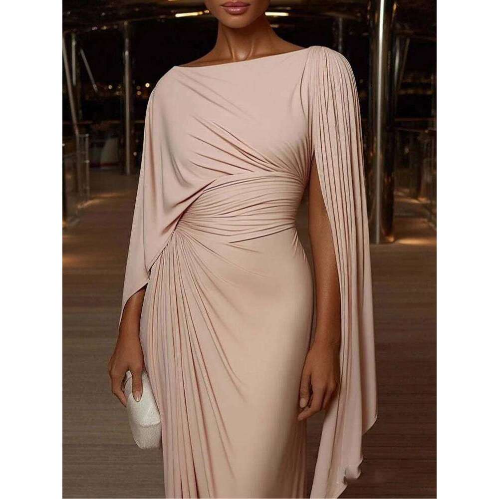 Sexy Slash Collar Pleat Slim Evening Elegant High Waist Solid Color Banquet Lady Leisure Irregular Long Sleeve Dress C260312