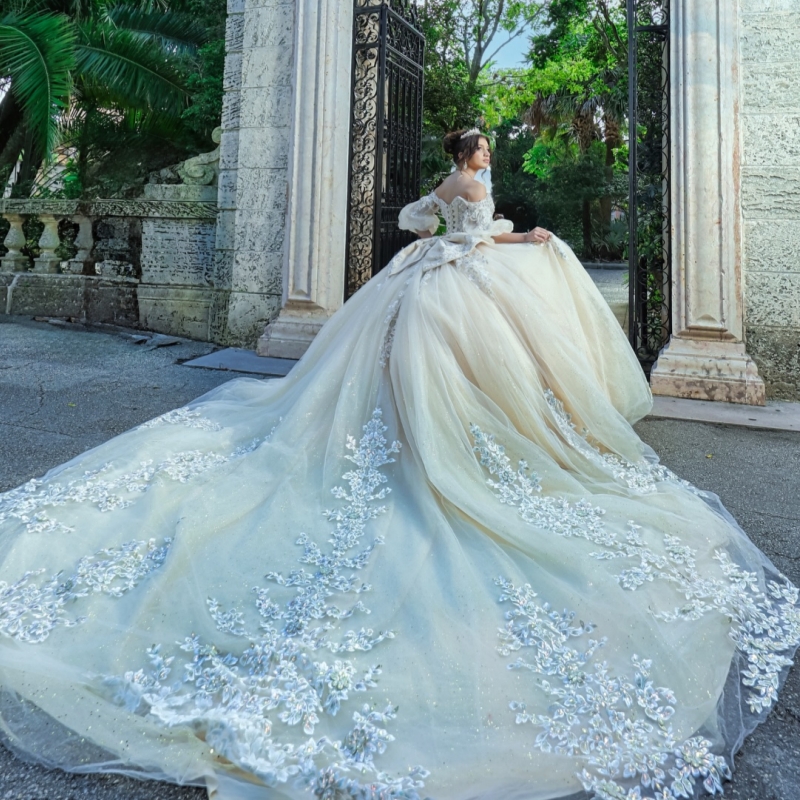 Champagne Shiny Ball Gown Quinceanera Dresses 2026 Applique Lace Beading Crystal Bow Tull Corset Off Shoulder Sweet 16 Dress Years Vestidos De 15 Anos