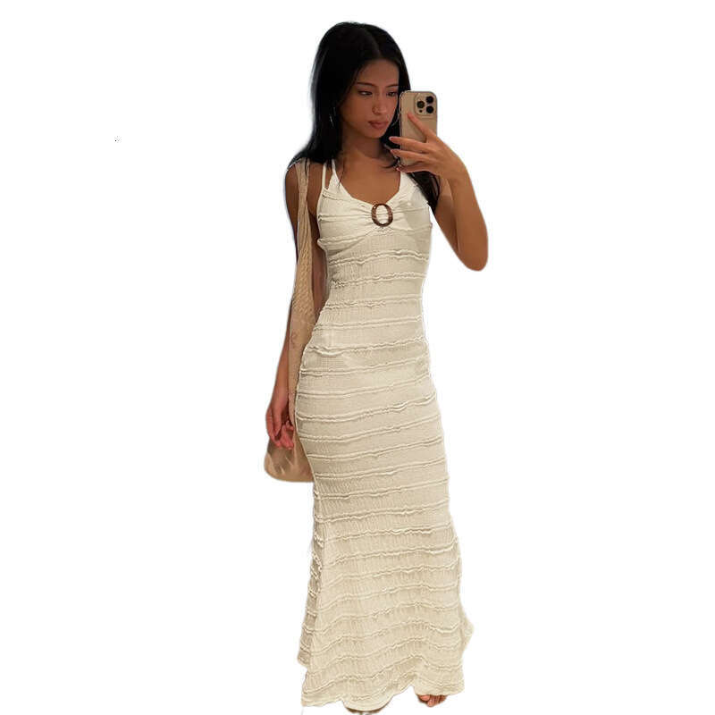 European American style 2025 summer new fashion sweet and elegant wave-patterned lace-up halter neck dress for women