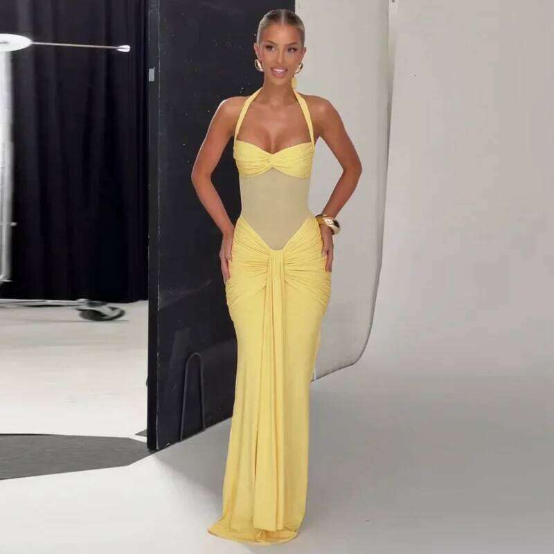 Sexy Strapless Halter Long Fashion Bandage Mesh Splice Autumn New Streetwear Evening Party Women's Dress C260312