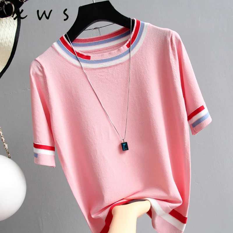 Casual Tees Women Knitting Tops patchwork short sleeve Ladies Shirts Summer sweaters Female Pullovers Pink White LooseT260312