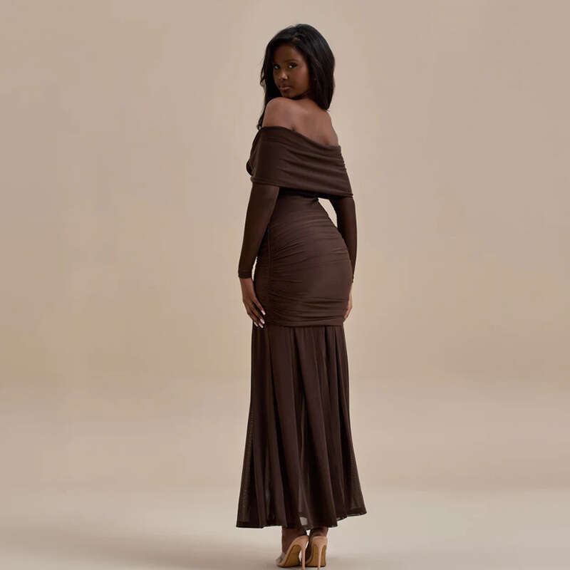 European and American foreign trade women's clothing 2025 autumn new fashion elegant solid color pleated slim-fit long-sleeve off-shoulder dress