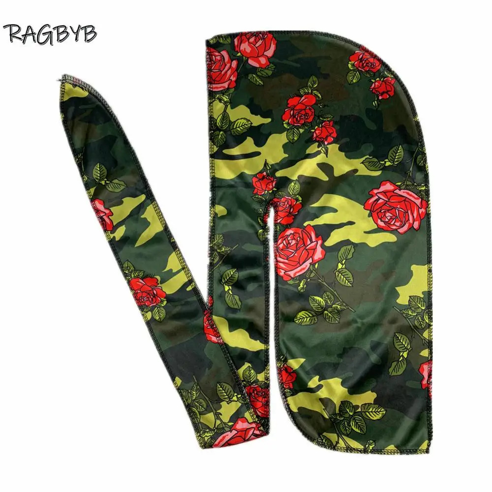 Camo Print Silk Durag Bandanas for Men Silky Durags Long Tail Wave Cap Head Scarf Women Hat Headwrap Durag 260304