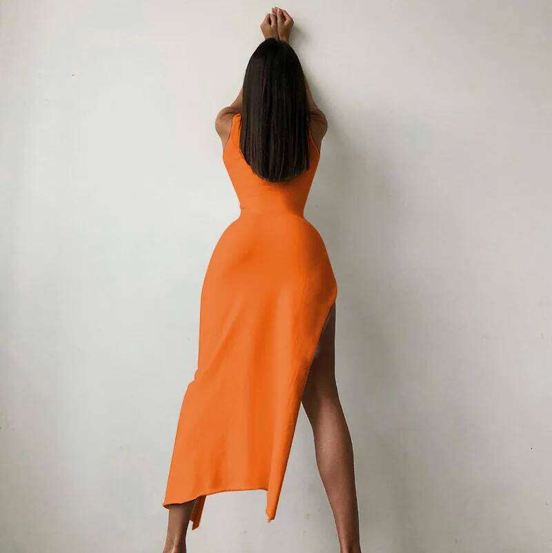 Y2k Sleeveless Orange Midi Women's Dresses Side Slit Turtleneck Setting Bodycon Sexy Party Elegant Dress 2024 Basic Vintage Robe C260312