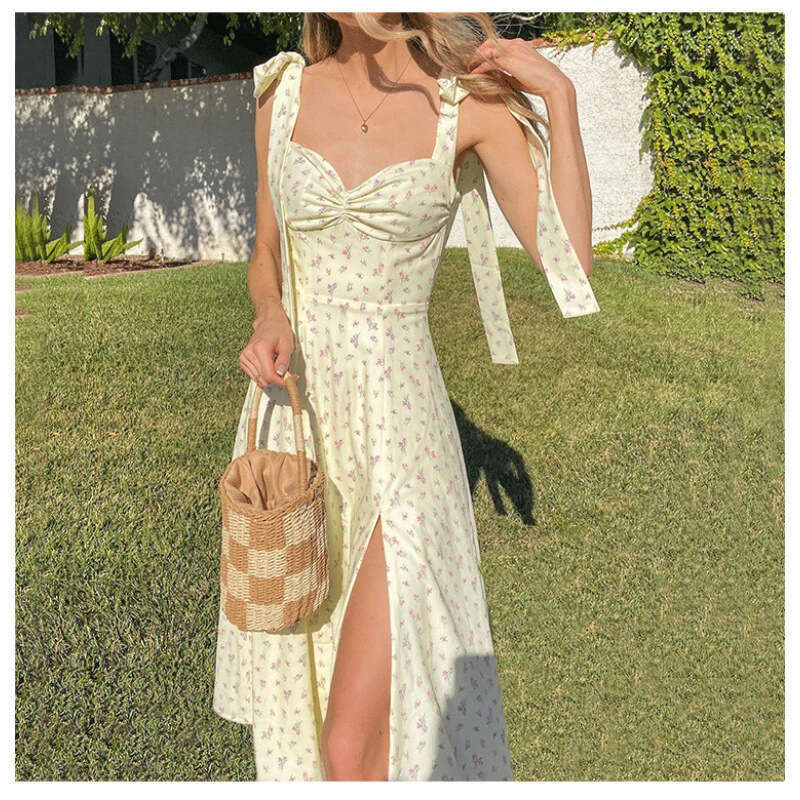 2025 New Women's European and American Summer V-neck Floral Print Backless Slit Slim Fit Dress