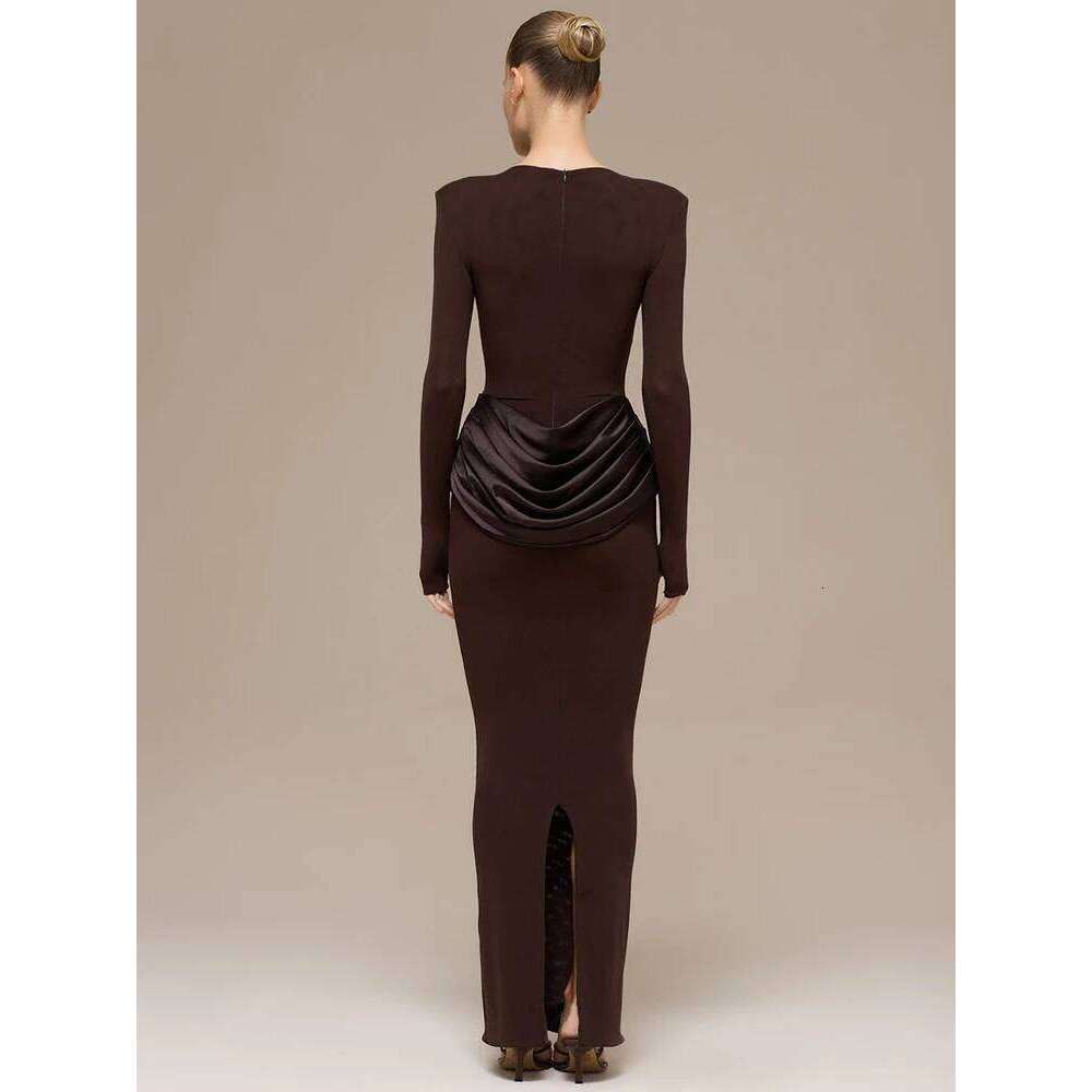 Mozision Sleeve High Waist Ruched Sexy Maxi Dress Women Gown Elegant O Neck Bodycon Club Party Split Long Dresses Female C260312