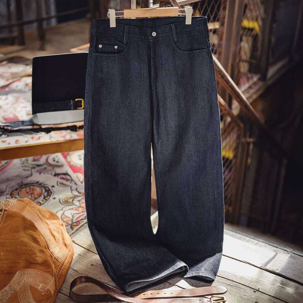 Maden Vintage 15.6oz Selvedge Raw Denim Heavyweight Blue Loose Fit Wide-Leg Jeans Zip Fly Cotton Trousers for Spring Fall 26Y0312