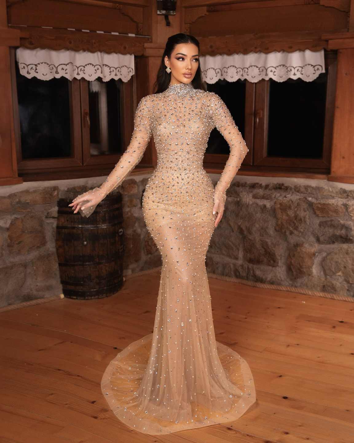Unique Evening Dresses Mermaid High Neck Rhinestones Long Sleeve Party Dress Dresses Celebrity Prom Gown Customized Vestido De Novia