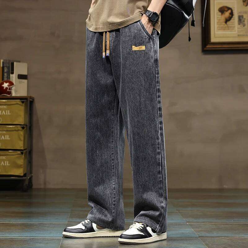 Men Straight Leg Blue Gray Loose Y2K Drawstring Jeans Streetwear Casual Wide Denim Pants Male Baggy Stylish Harajuku Trousers 26Y0312