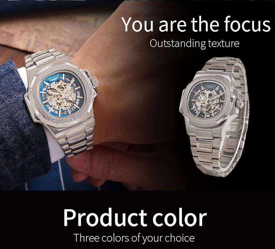 LONGLUX Men automatic mechanical luxury watches waterproof skeleton business cheap wholesale stainless steel gift watch