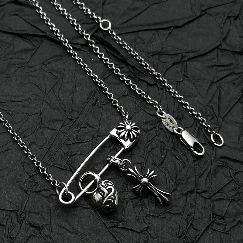 S925 Sterling Silver Retro and Old Peach Heart Cross Pin Necklace European and American Mens and Womens Personalities 260311