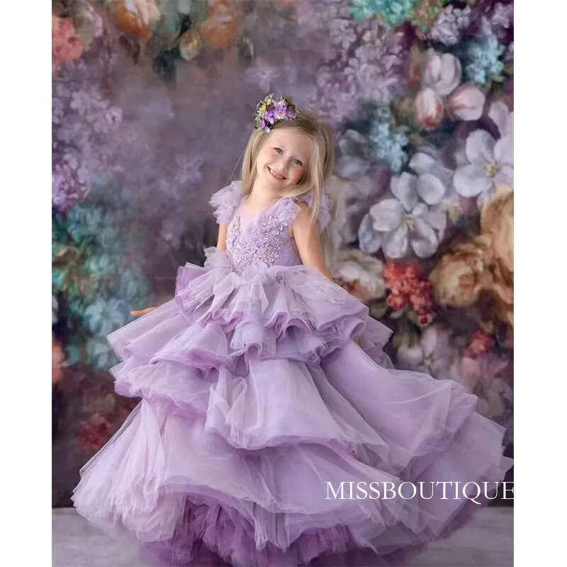 Cute Lace Flower Girl For Wedding 3D Appliqued Ball Gown Toddler Pageant Gowns Frist Holy Communion Dresses Tutu Floor Length Kids Birthday Dress 403 
