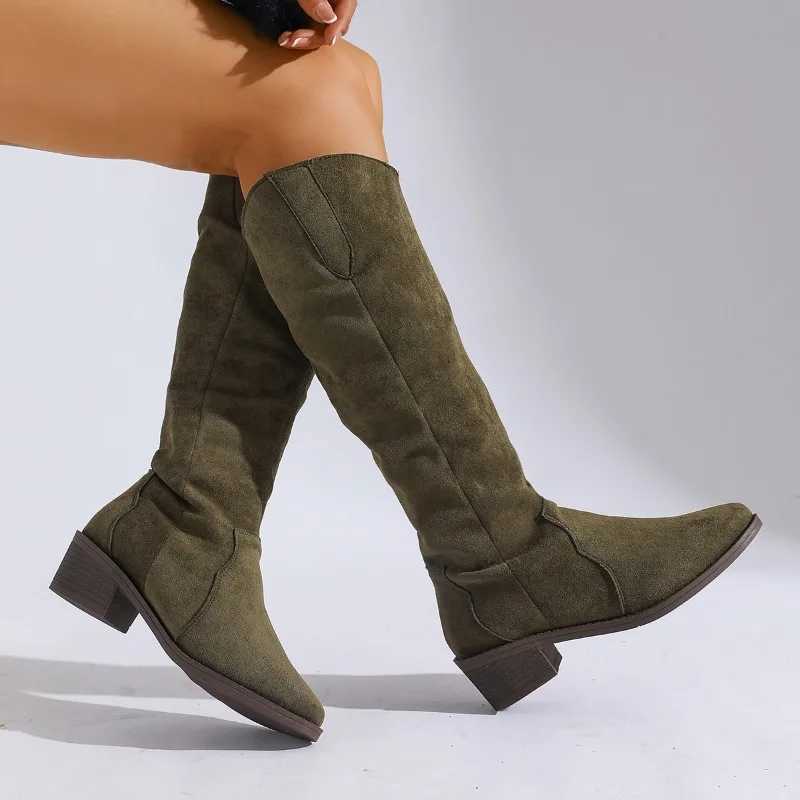 Womens Knight Boots 2025 New Style Trend Green Slip-on Suede High Heels Thick Sole Luxury Womens High Boots Elegant High Heels S260312