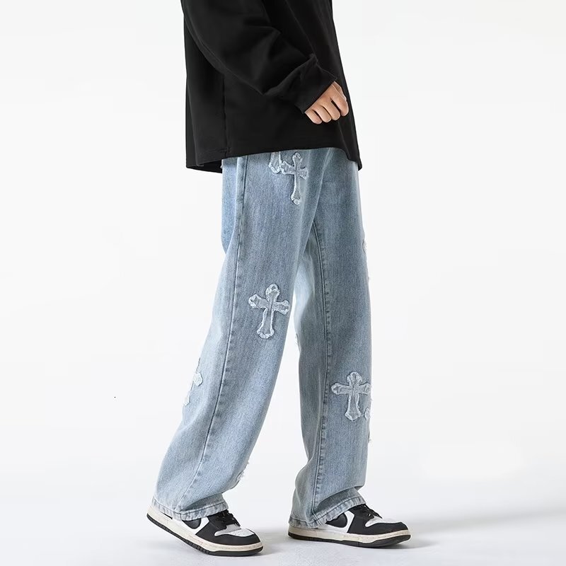 Luxury Brand Designer Clothes Cross Jeans Men Spring Autumn American Retro Trendy Brand Ins Loose Straight Pants Fashion Casual Wide Leg Pants