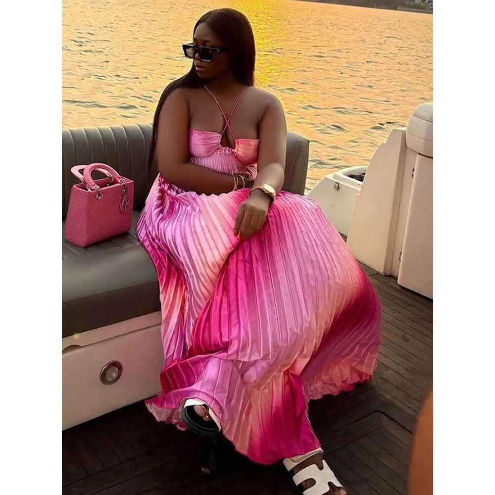 Women's Halter Top Prom Dresses Pleated Elegant Pink Backless Maxi Summer Dress Evening Wear Sexy Outfit C260312