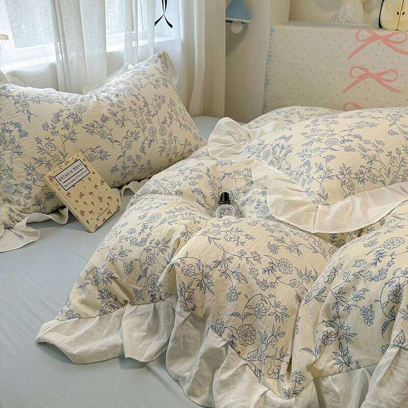 Floral print Korean style Princess Lace Bedding Duvet Cover Set Washed Cotton Flat Sheet set Queen For Girl Decor Home H260312