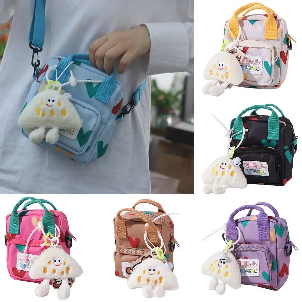 Korean Style Crossbody Shoulder Bag Love Heart Printed with Pendant Mini Dopamine Handbag Cartoon Color Contrast 260311