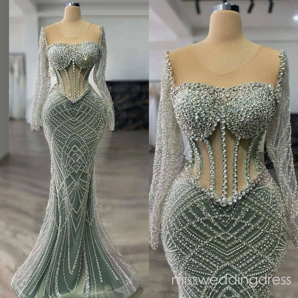 Fashion Evening Dresses O Neck Prom Gowns Rhinestone Sequins Long Sleeves Beading Princess Sweep Train Customized Vestidos De Noche Plus Size