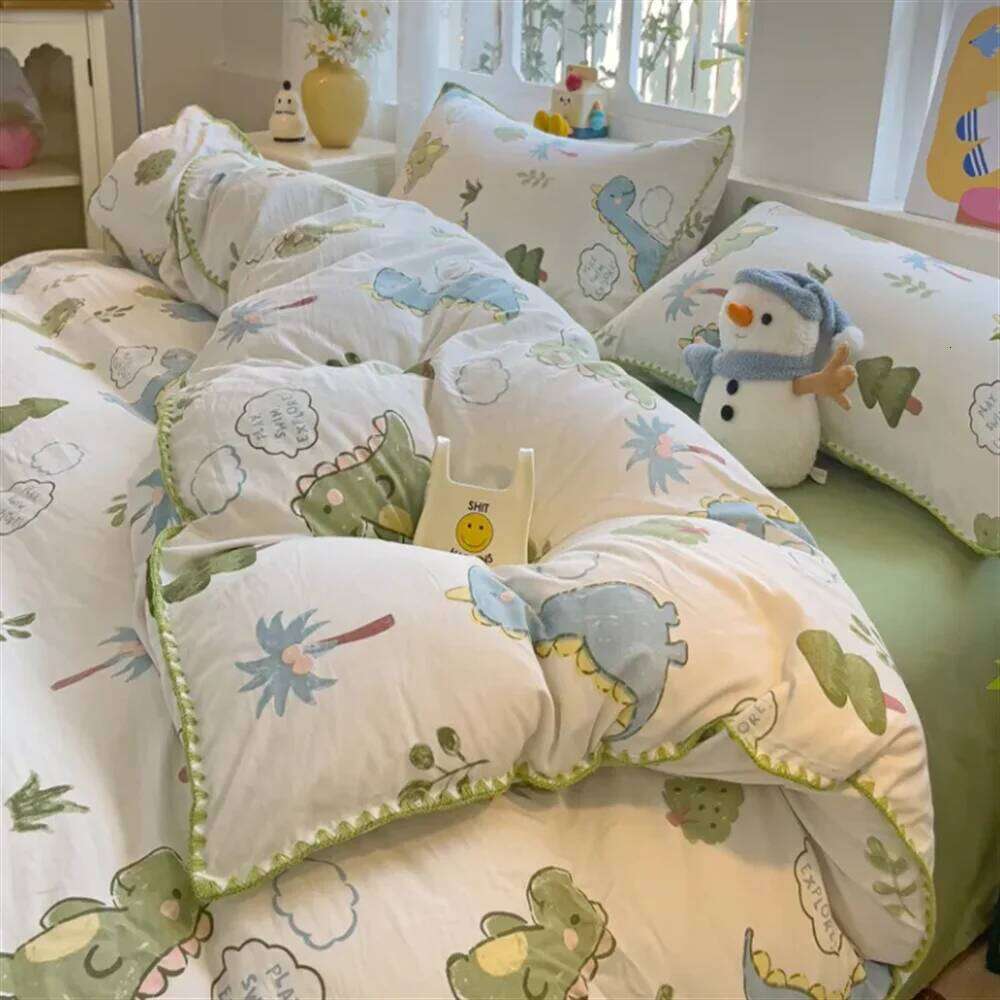 Sausa Dog Heart Cherry Quilt Double layer Yarn Four Pink Washed Cotton Bed Single Dormitory Simple Three piece Set H260312