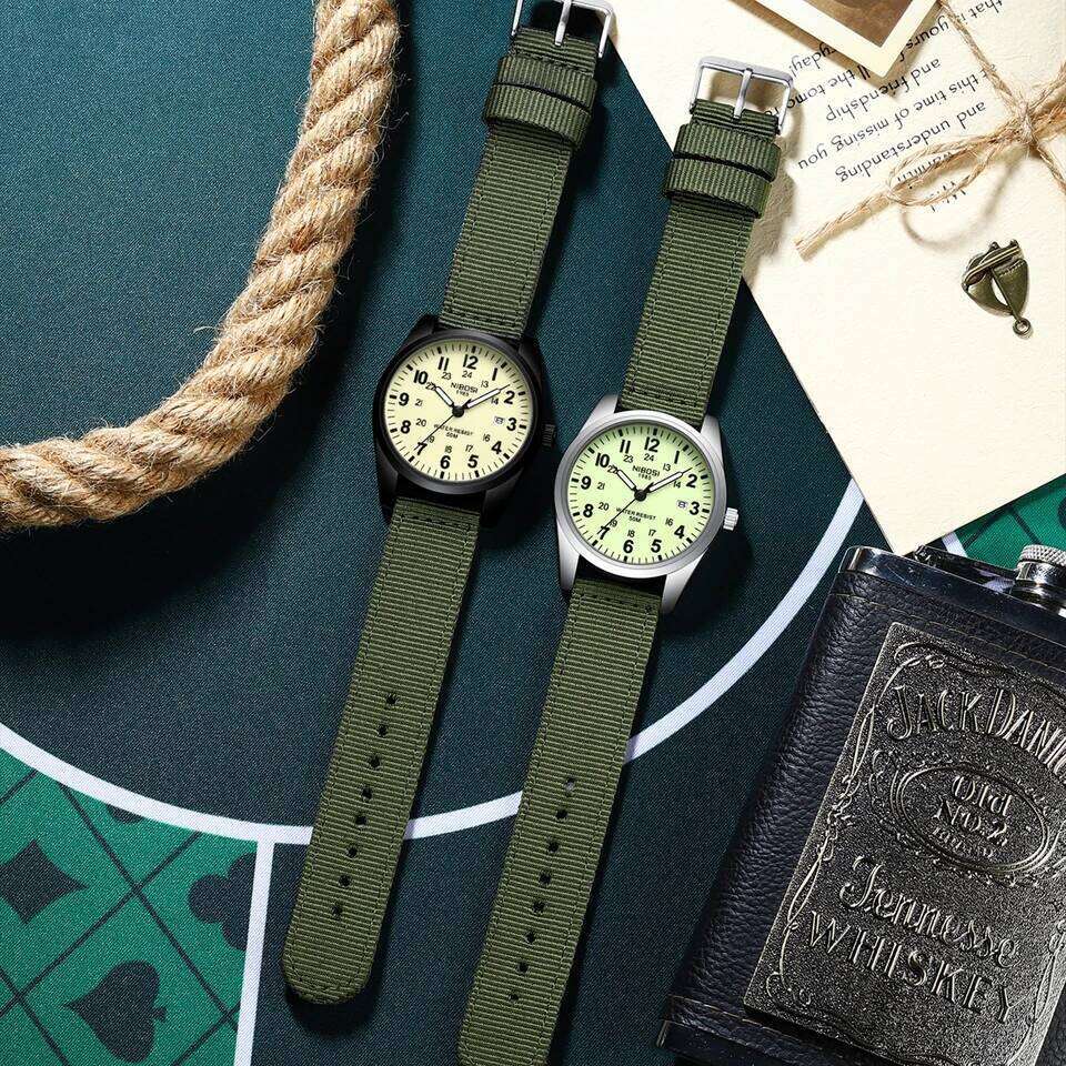 NIBOSI Mens Analog Military Watch with Calendar Luminous Dial Green Nylon Strap Waterproof Men's Wrist Watches Vintage