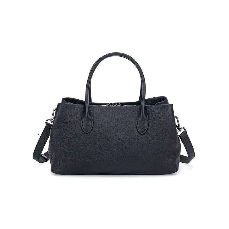 Black Handbag Top Grain Cowhide Leather Soft Multifunctional Women's Fashion Bag With Compartment Organizer