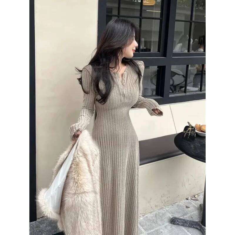 Slim-fitting Elegant Bottoming Slim Autumn Winter Knitted Long-sleeved French New Waist Dress C260312