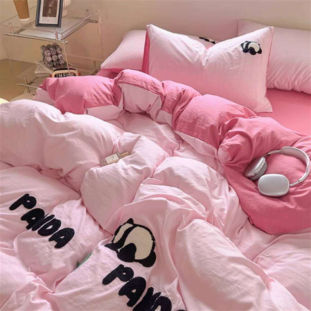 Washed Panda Thickened Woolen Beddinng Non All Cotton Quilt Cover Set Bedding Products Bed Sheet H260312
