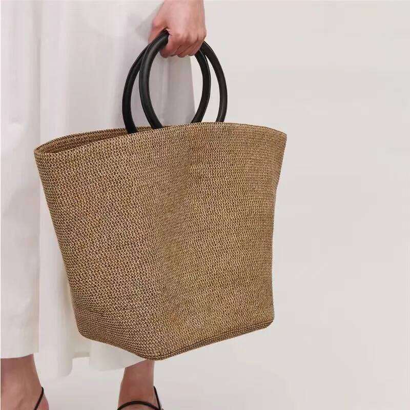 Free Lazy Artistic Texture Large Capacity Straw Tote Lafite Grass Weaving Handmade Woven Summer Beach Bag Commuter Shopping WONST