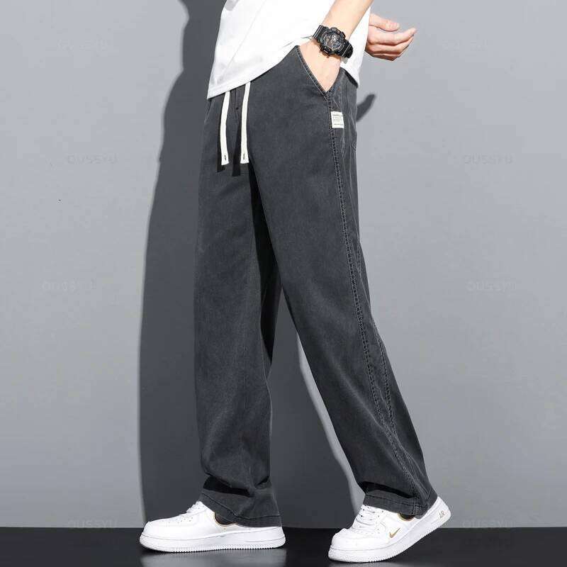 Summer Thin Soft Lyocell Fabric Jeans Men Loose Straight Wide Leg Pants Drawstring Elastic Waist Casual Trousers Plus Size M-5XL 26Y0312