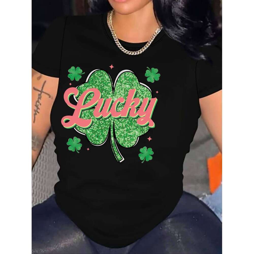 Women's St Patrick's Day Clover Print Crew Neck T-Shirt Casual Spring Fashion Celebration Top for Adults Z260312