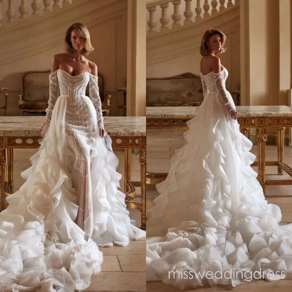 Graceful Mermaid Wedding Sequins Bridal Gowns with Overskirts Off Shoulder Ruffle Train Custom Made Bride Dresses Vestidos De Novia Plus Size