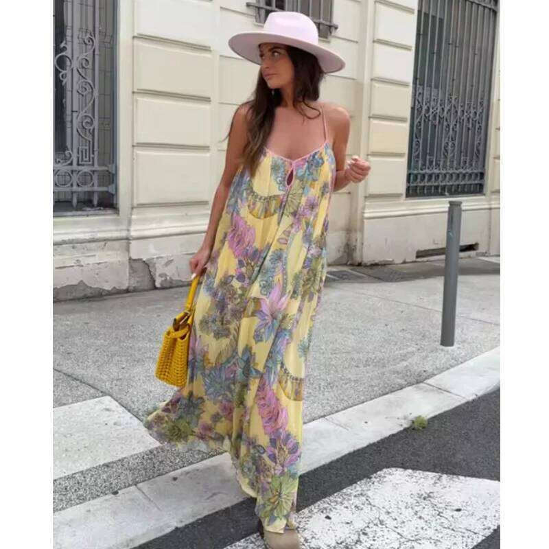Women's 2025 New Fashion Print Loose V-neck Camisole Elegant Women Summer Travel Long Chic Youth Party Dress C260312