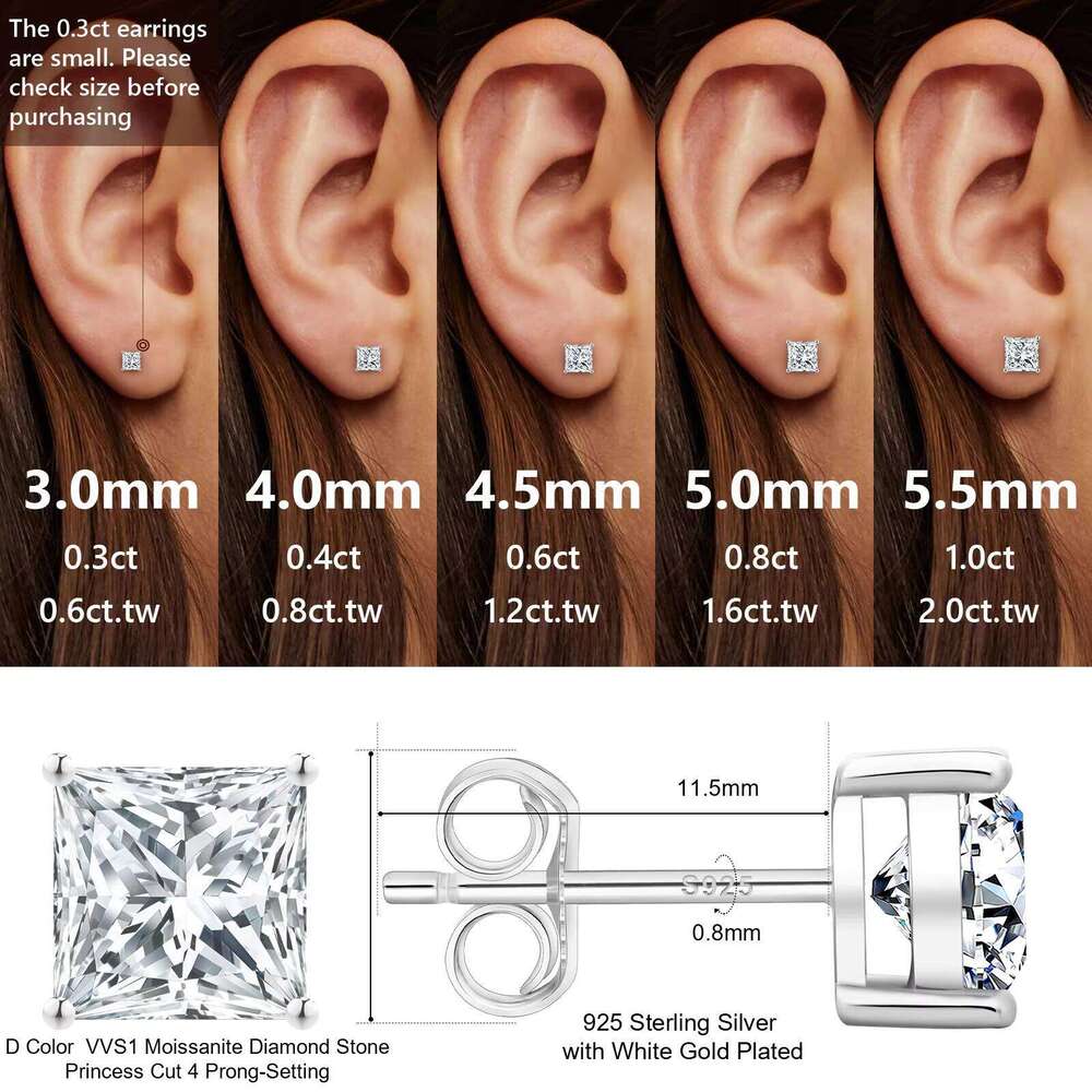 Moissanite Princess 14k White Gold Cinnabar Sterling Sier Unisex Jewelry VVS1 Lab-Created Earrings Studs