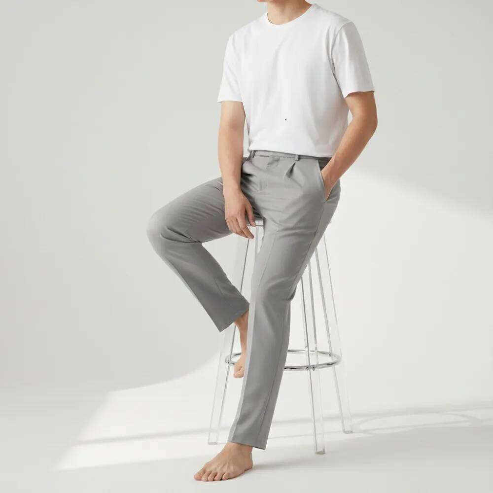 Men's Casual Straight Leg Dress Pants Korean Fashion Solid Color Semi Elastic Waist Business Trousers Spring Summer Clothing