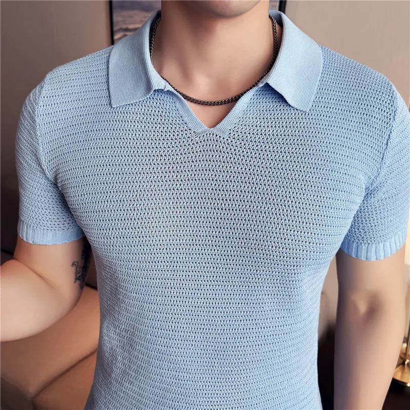 Men Knitted Polo Shirt Short Sleeved Summer Light Thin Hollow Solid Casual Top Elastic Slim Fit V-neck T-shirt Men Clothing 260311