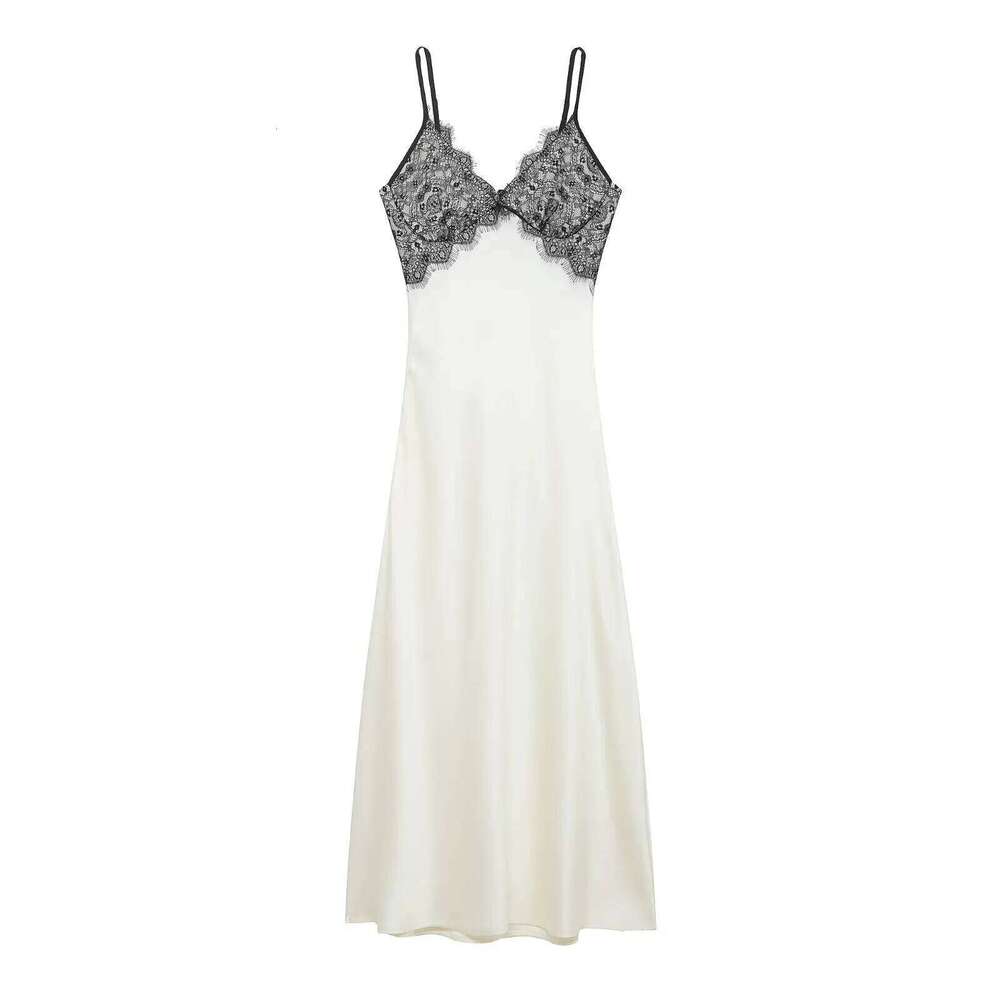 Sexy Women V-neck Satin Sling Long Dress Chic Lace Splice Sleeveless Backless Slim Gowns Summer Elegant Party Dresses C260312