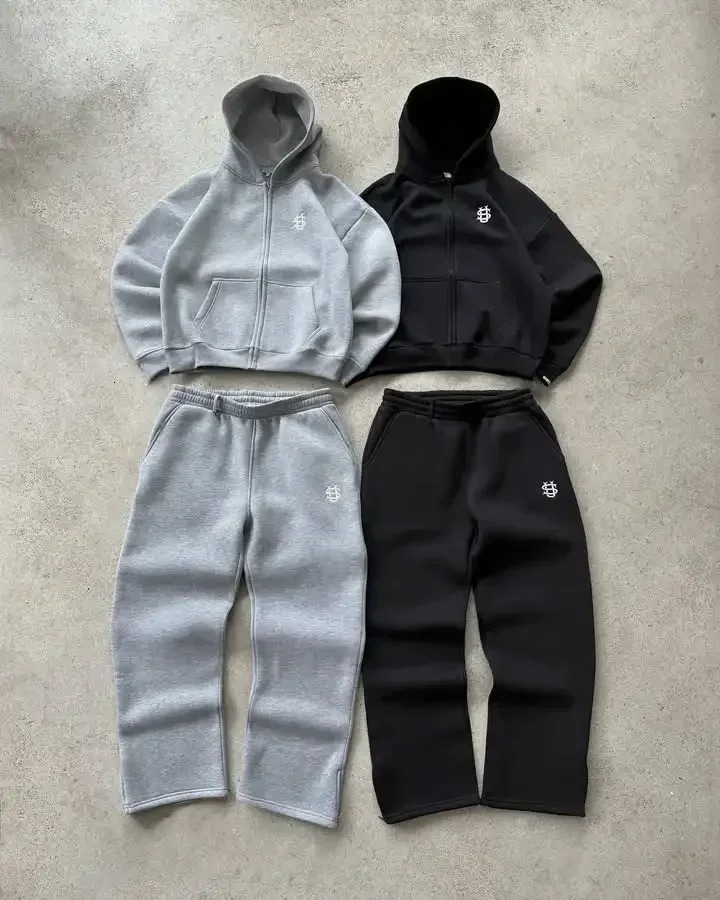 Embroidered sweatpants two-piece set Y2K clothing mens hip-hop oversized sweatpants casual zipper hoodie 260311